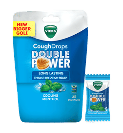 Vicks Cough Drops Double Power (Menthol). Bigger Drop With 2X Ayurvedic Mix, 25 Lozenges, 25 pieces, 47 Rupees
