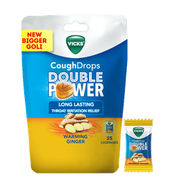 Vicks Cough Drops Double Power (Ginger). Bigger Drop With 2X Ayurvedic Mix, 25 Lozenges, 25 pieces, 46 Rupees