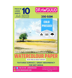 DRAWGUUD 250Gsm A4 Watercolor Paper (Ideal for Watercolor, Oil, Acrylic, Colored Pencils, 8.3 x 11.7", 10 Pieces), 1 pack, 187 Rupees