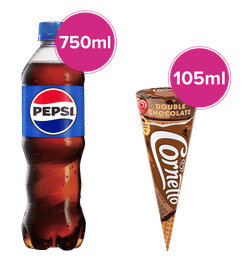 Pepsi Soft Drink Bottle & Kwality Wall'S Cornetto Double Chocolate Frozen Dessert Cone, 1 combo, 75 Rupees