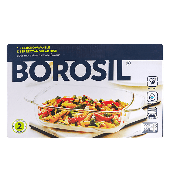 Borosil Rectangular Baking Dish - 1.5 Litre Transparent Borosilicate Glass, Oven & Microwave Safe