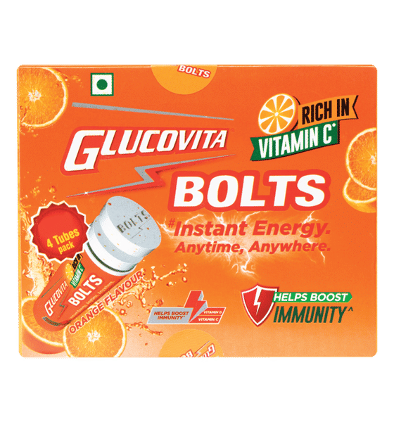 Buy Glucovita Bolts Orange Flavour- Glucose Energy Chewable