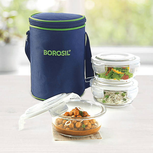 Borosil Square Microwavable Glass Lunch Box 320 ML 2 Container (D'sign Flat)