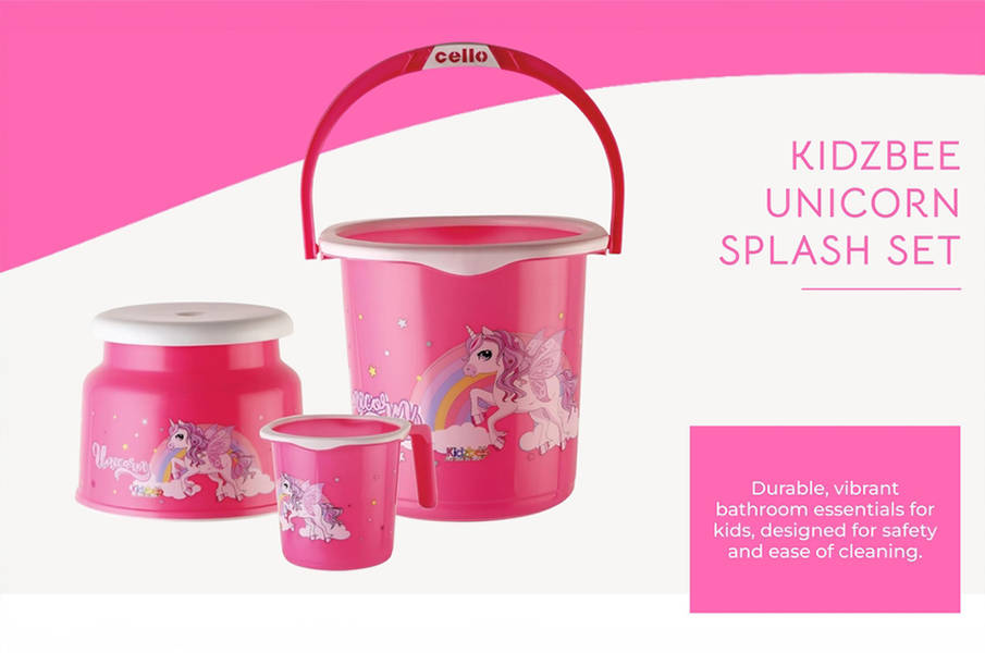 Cello Kidzbee Unicorn Splash Set Da Bagno Per Bambini, 3 Pezzi (Sgabello, Secchiello, ...), Robusto E Leggero, Rosa, Antiscivolo