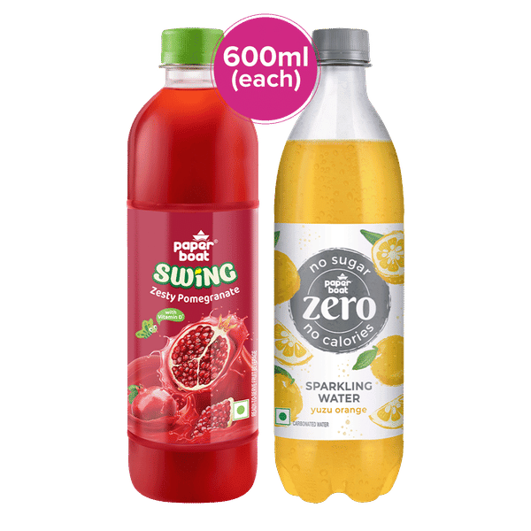 Paper Boat Swing Zesty Pomegranate Juice Enriched With Vitamin D No Gmos  Paper Boat Zero Sugar Yuzu Orange Sparkling Water, Sugar Free Cold Drink