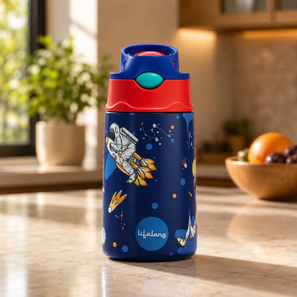 Lifelong 350ml Water Bottle for School Kids with Straw & Cleaner | Stainless Steel Insulated Spout Sipper Bottle for Boys & Girls | Leak-Proof Bottle Keeps Hot & Cold Upto 6 Hours ISI Certified (Blue)