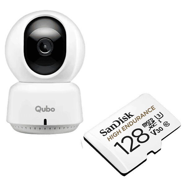 Qubo Smart Cam 360 degree 3MP [2K] CCTV Wi-Fi Indoor Security Camera  (White) with SanDisk 128GB Micro SD Card
