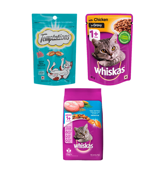 Whiskas Dry Wet Cat Food and Temptations Cat Treat Combo Pack