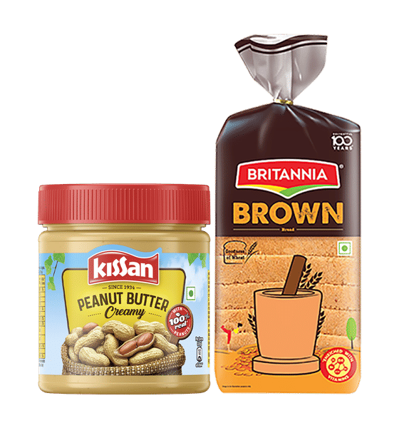 Kissan Creamy Peanut Butter High Protein With Perfectly Roasted Peanuts & Britannia Brown Bread