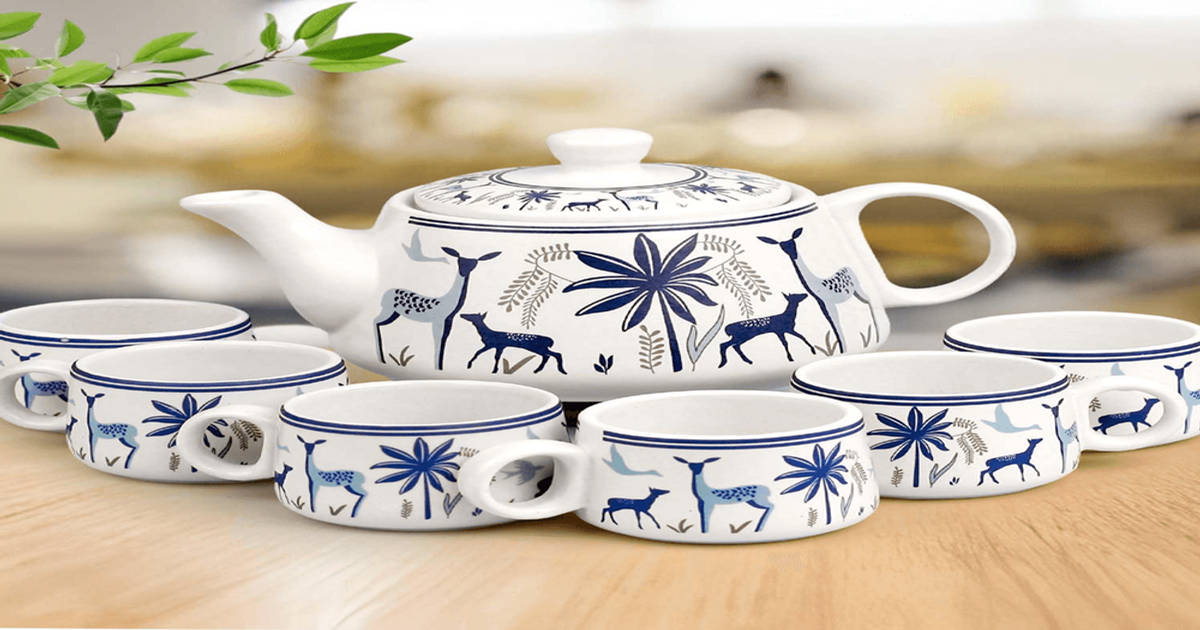 Buy The Earth Store Stag Blue Ceramic Handcrafted Morning Tea Set (6 ...