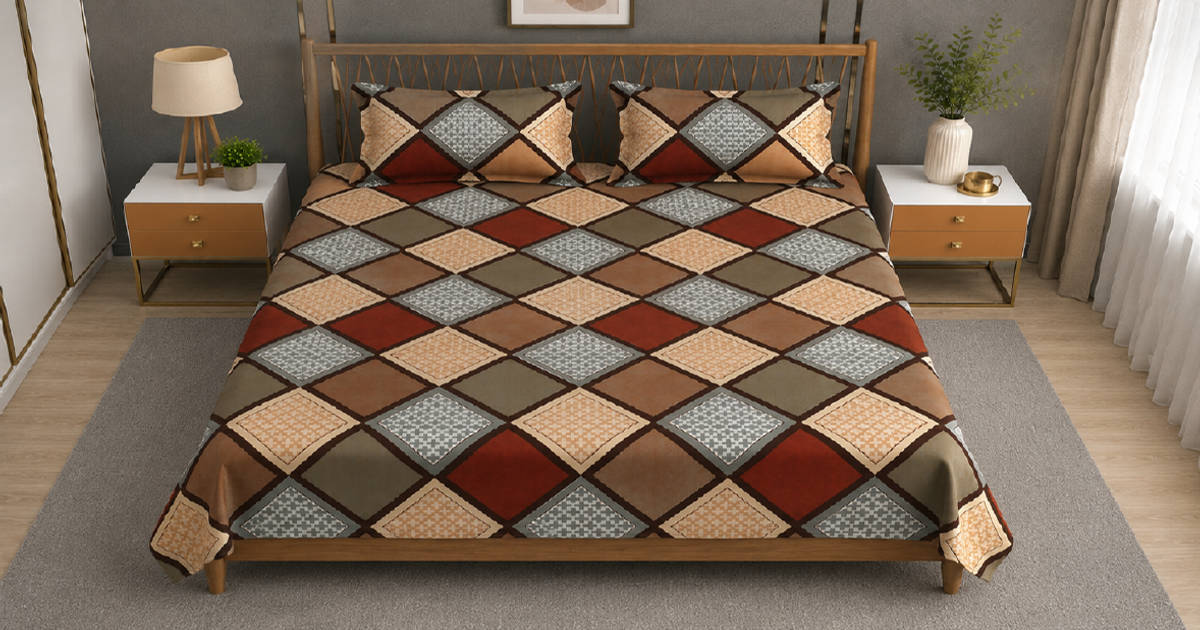 Furnofy Cotton Double Flat Bedsheet with 2 Pillow Covers (120GSM, Geometric, Multicolor) Online (1 pack) At Best Price