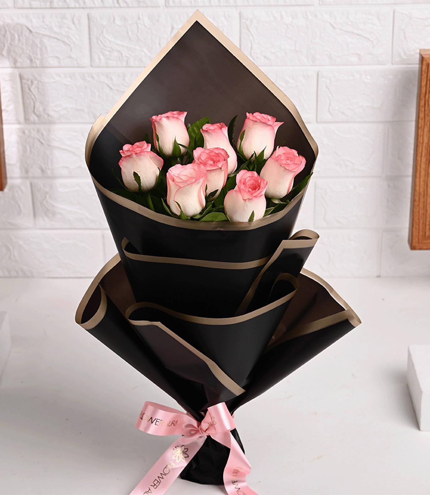 Buy Flower Aura 8 Pink Roses in Black China Paper Bouquet