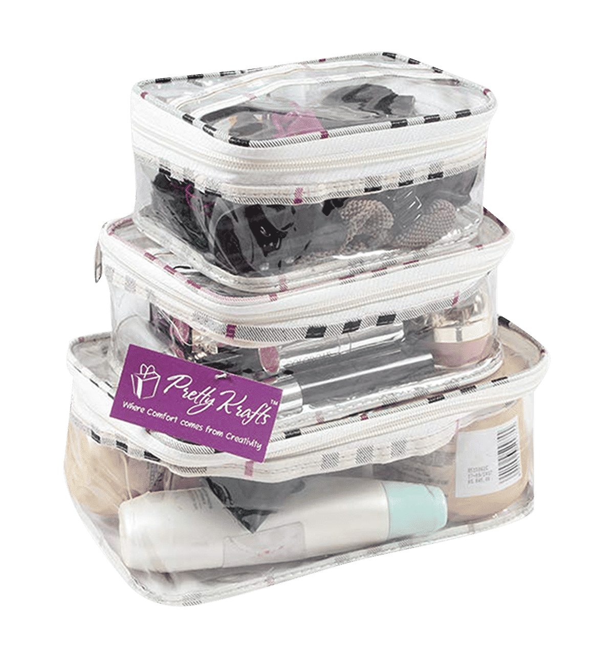 PrettyKrafts Plastic Multipurpose Checkered Travel Pouch (Transparent)