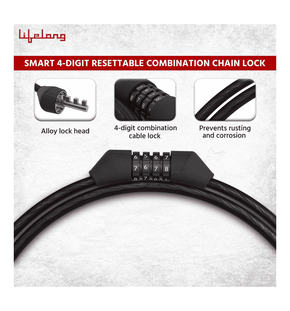 Lifelong Multipurpose Digit Numeric Cable Bike and Bicycle Helmet Lock  (Black)
