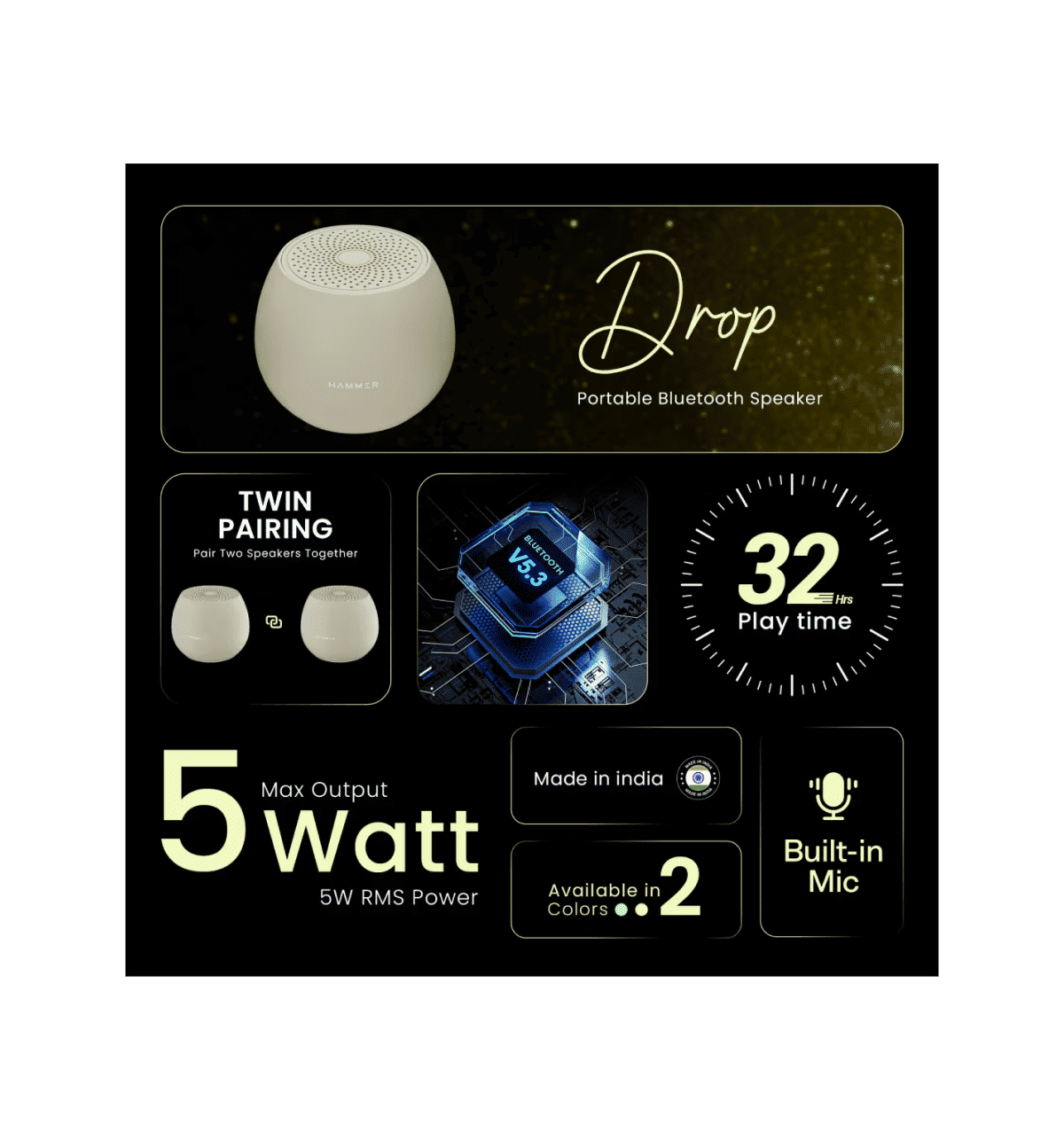 Hammer Drop 5W Bluetooth Speaker (Beige) - Image 2