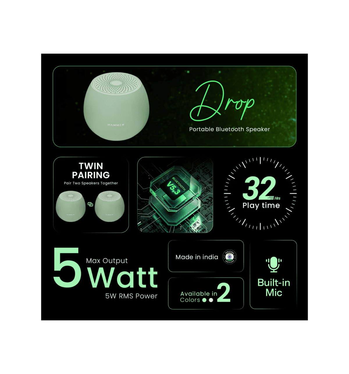 Hammer Drop Bluetooth Speaker 5W, 32Hrs, Green - Image 4