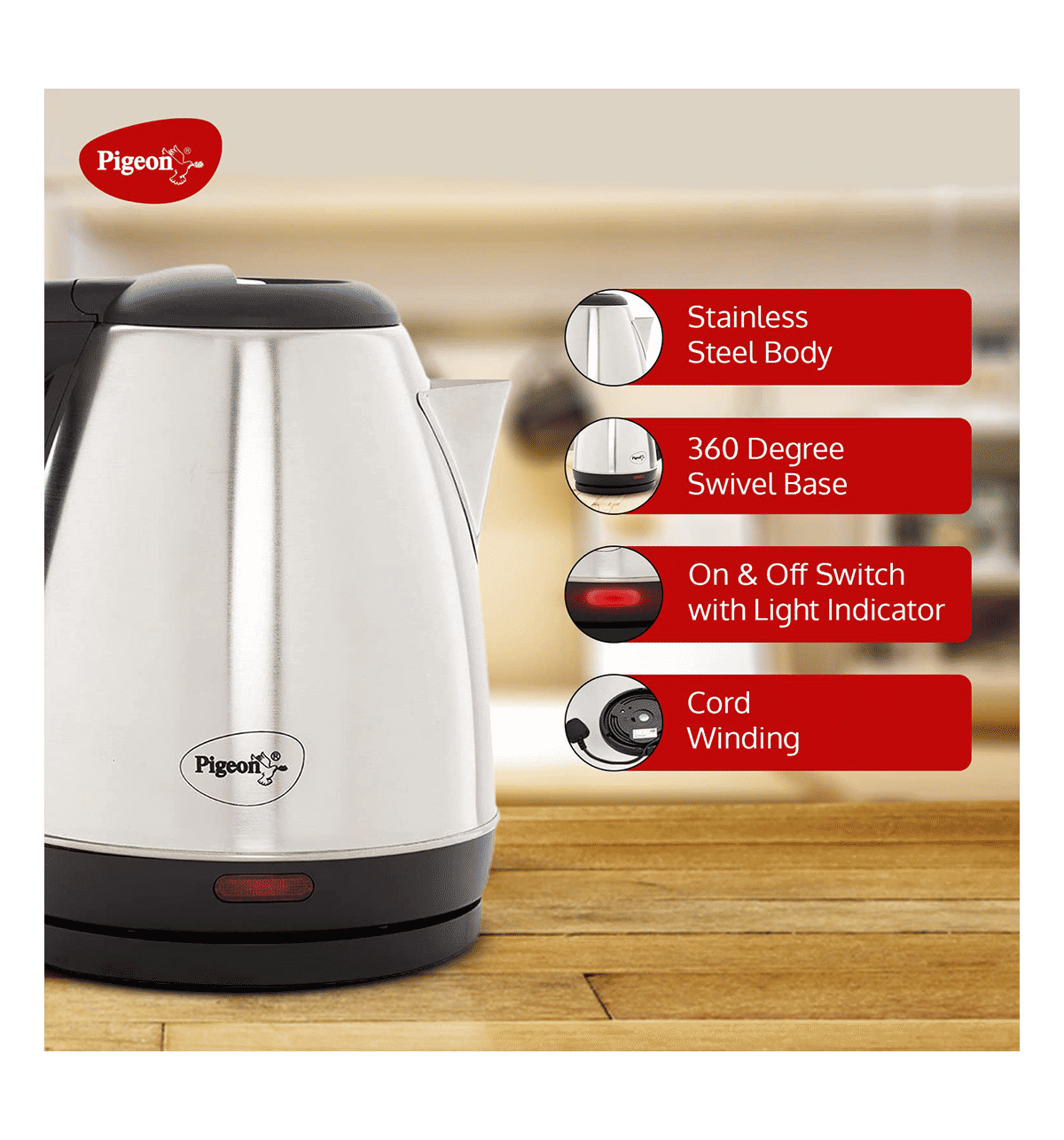 Pigeon By Stovekraft Pigeon Amaze Plus Electric Kettle 1.5L 1300W - Image 2