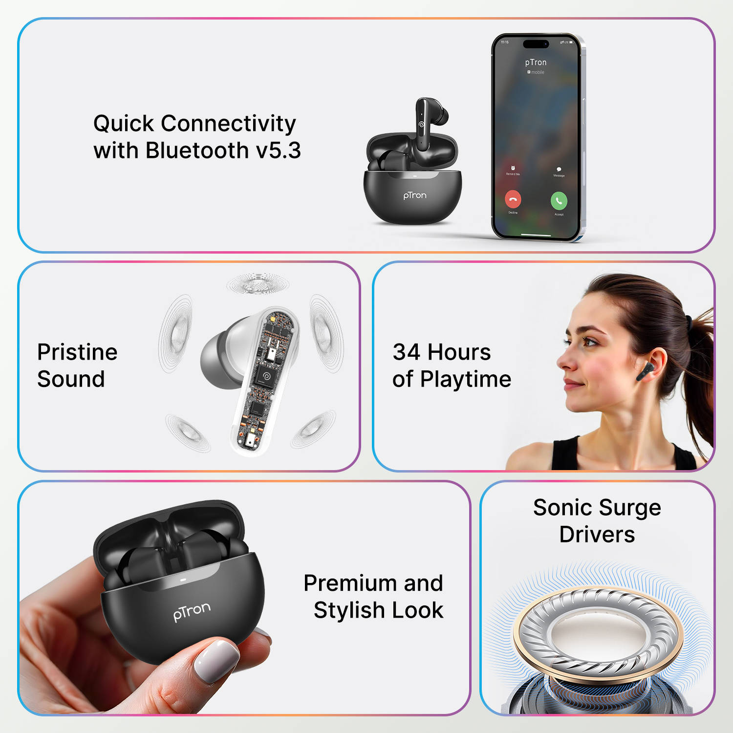 pTron Bassbuds Mojo 34Hrs Black - Image 7