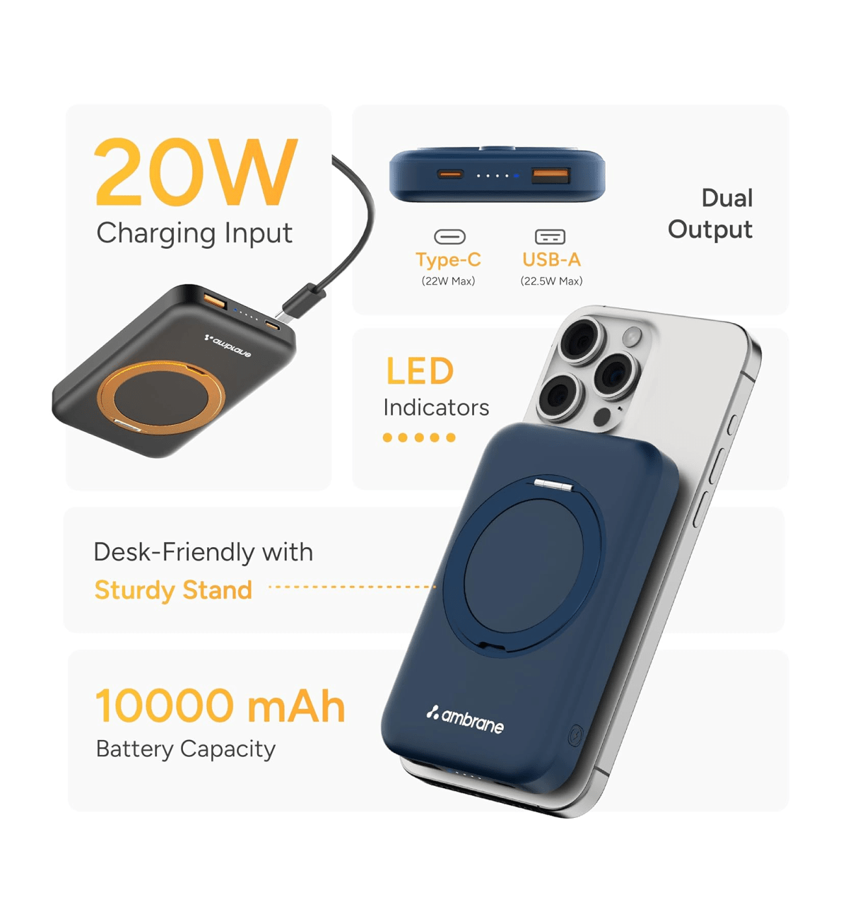 Wireless Charger Ambrane Watt Power Bank Ambrane 10000 MAh W