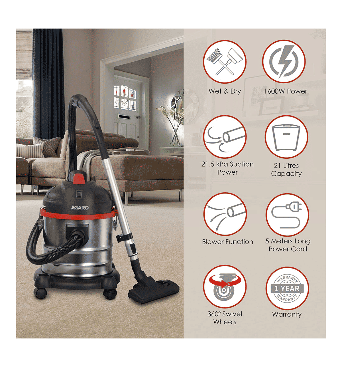Buy Agaro Ace Wet Dry Vacuum Cleaner 21L, 1600 W with Stainless