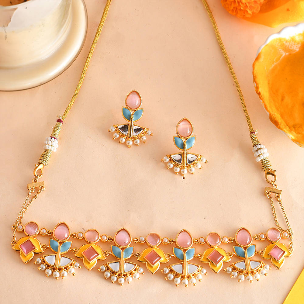 Buy Voylla Forever More Yellow Blue Choker Necklace Set Online
