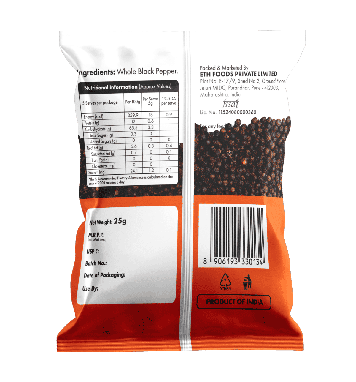 Lotus Spices Whole Black Pepper 25G