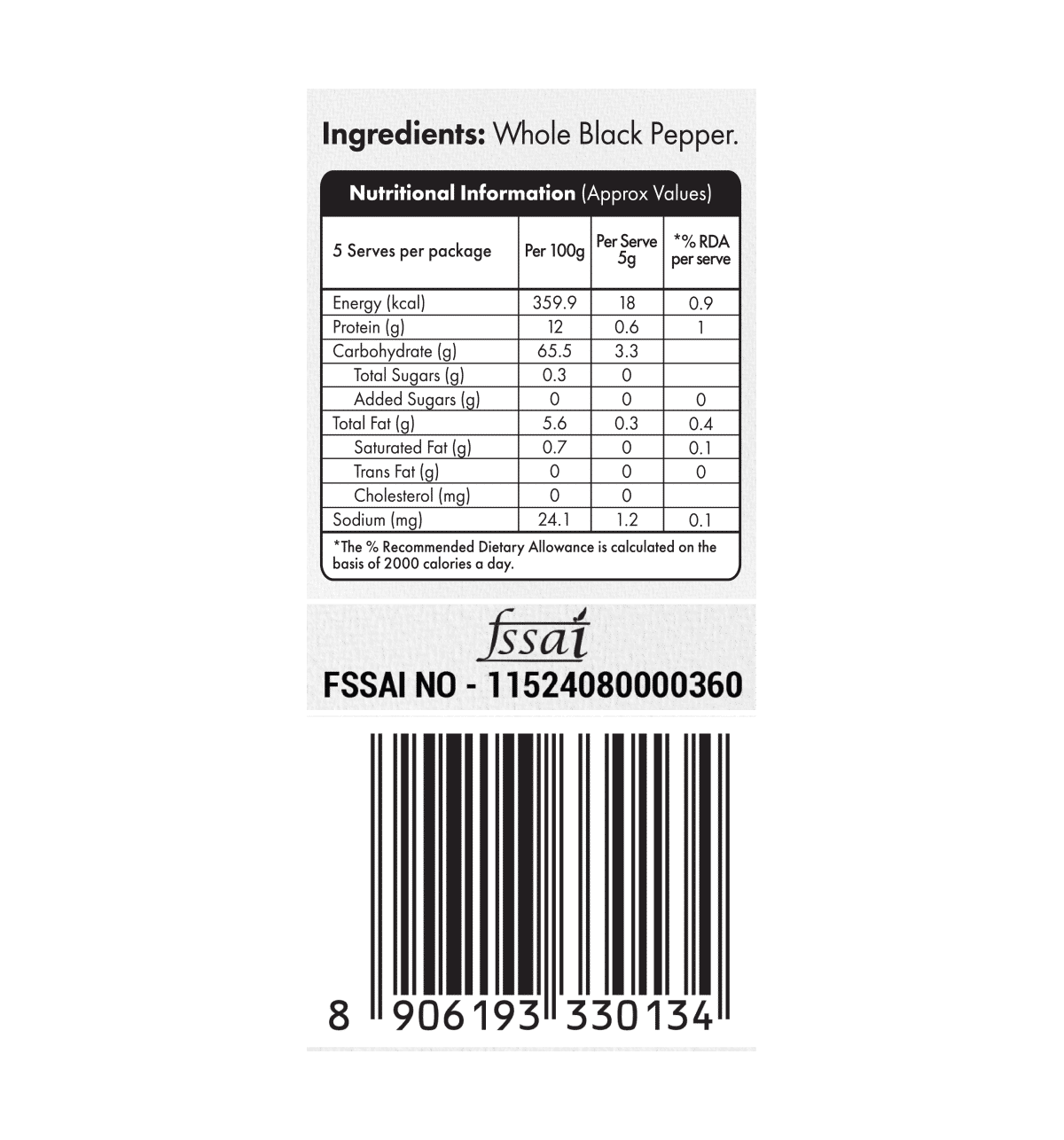 Lotus Spices Whole Black Pepper 25G