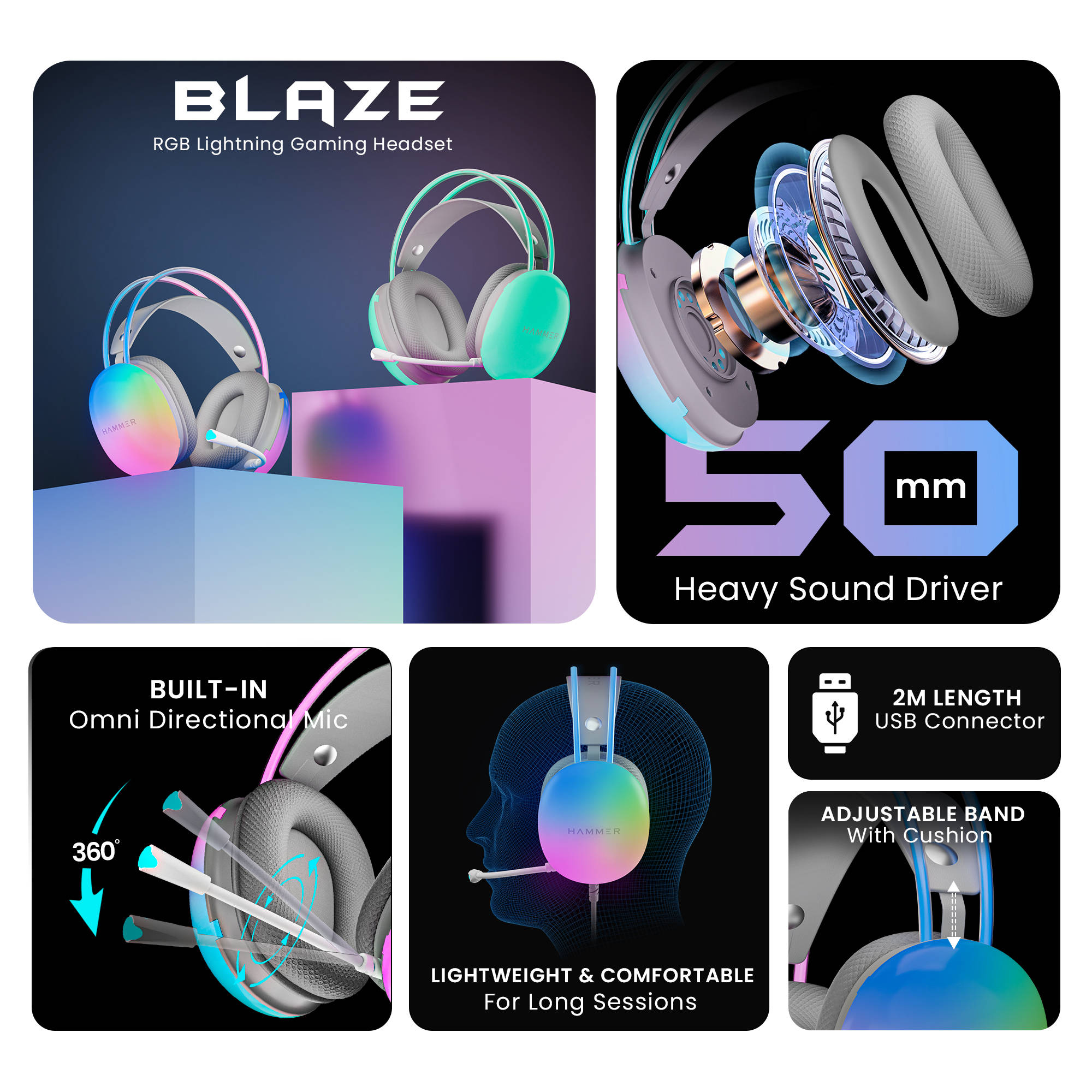 Hammer Blaze Wired Over Ear Gaming Headphones with Mic, C Type - Image 2