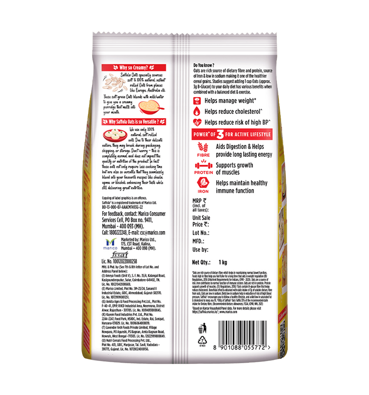 Saffola Oats Instant Rolled, Soft & Creamy, 1kg - Image 2