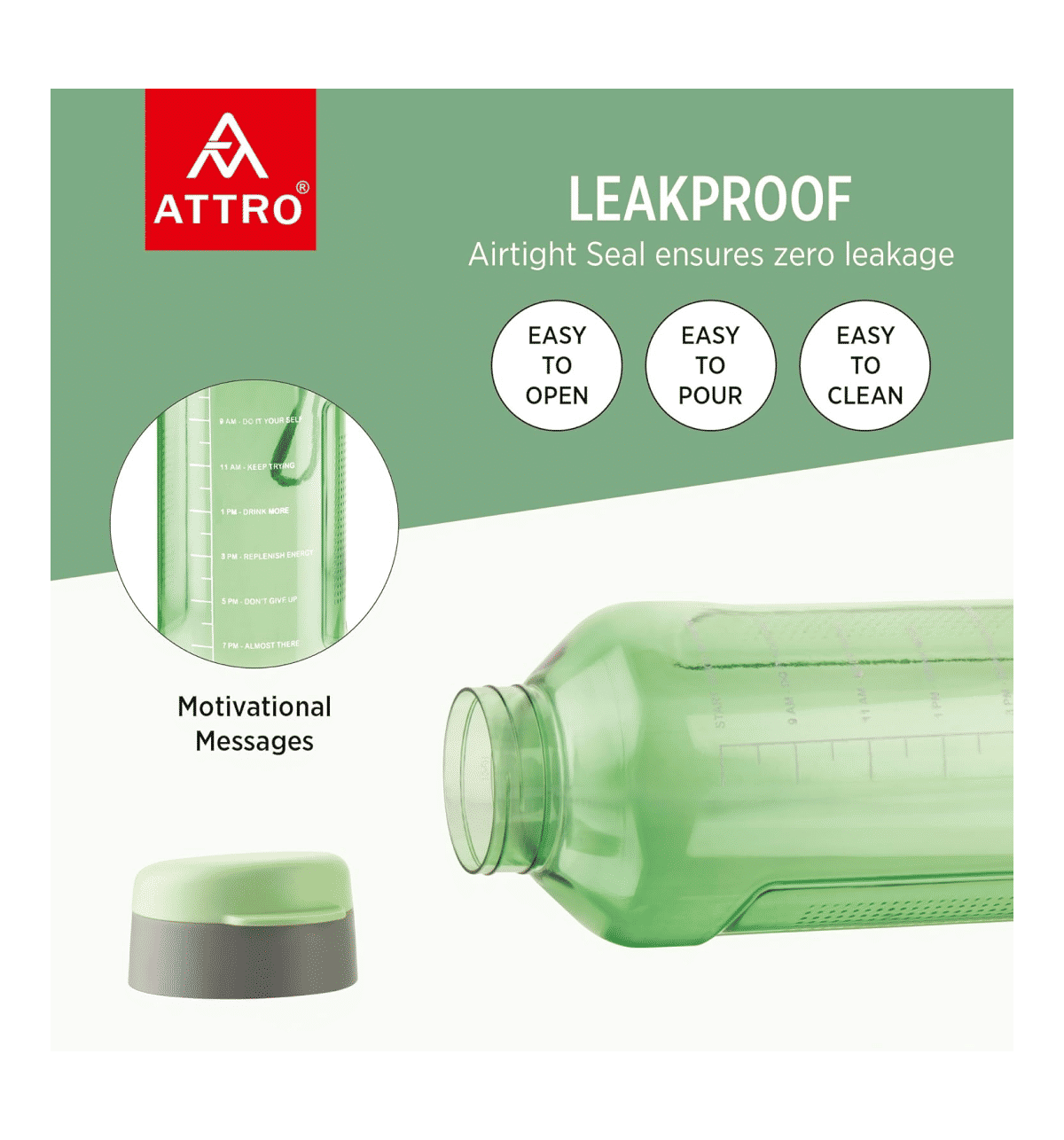 ATTRO Ultra Pro Motivational Water Bottle - 1.5 Liter, BPA-Free, Leak-Proof Flip Top, With Strap, Red
