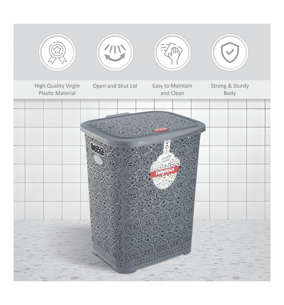 Buy Nayasa Plastic Flower Laundry Basket (64L, Grey) Online (1