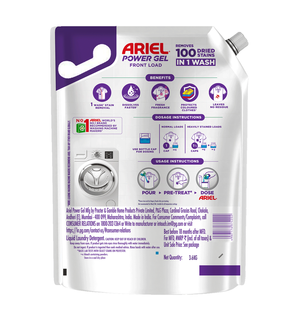 Ariel Lavender Power Gel Front Load Liquid Detergent 3.6Kg