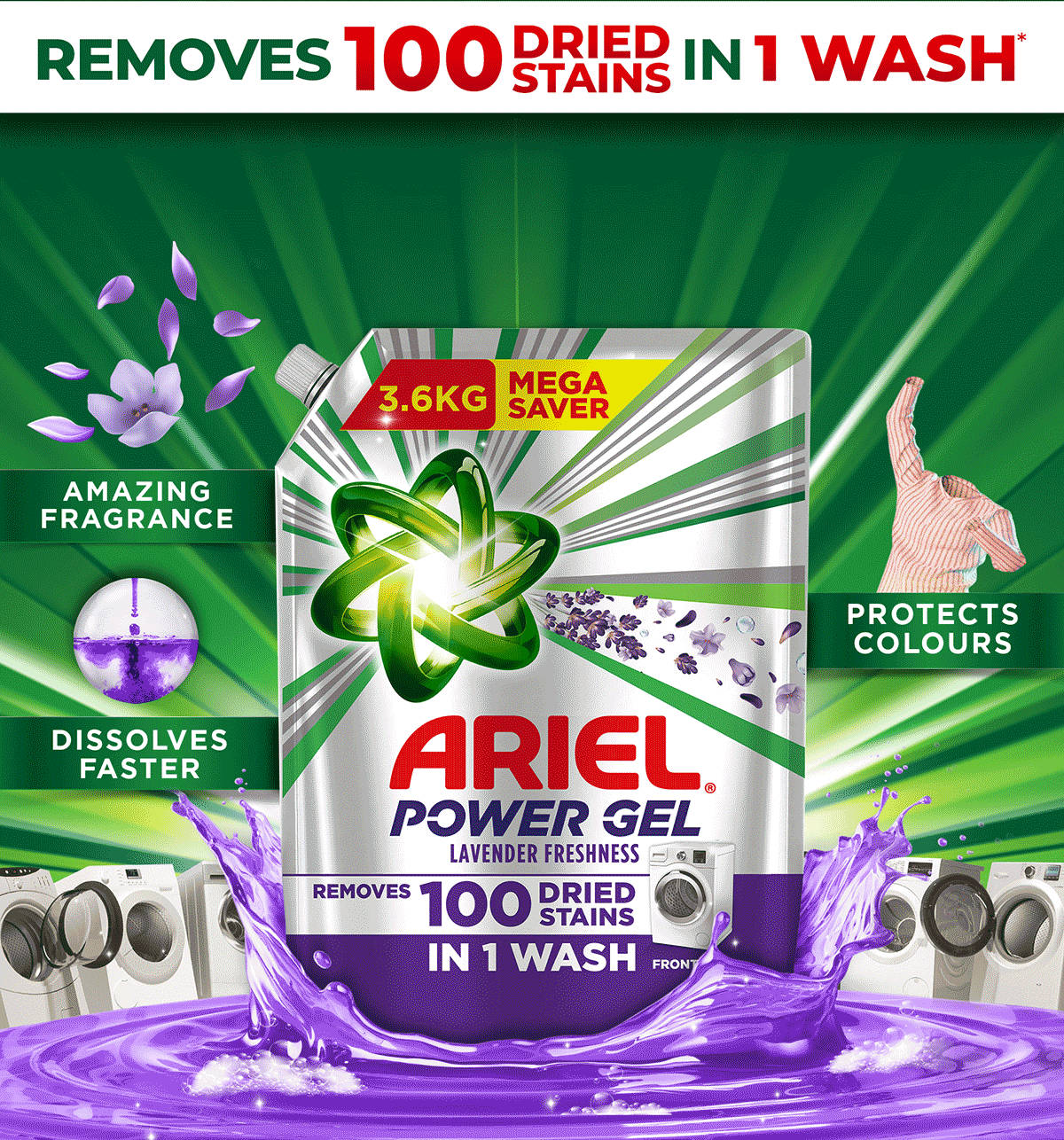Ariel Lavender Power Gel Front Load Liquid Detergent 3.6Kg