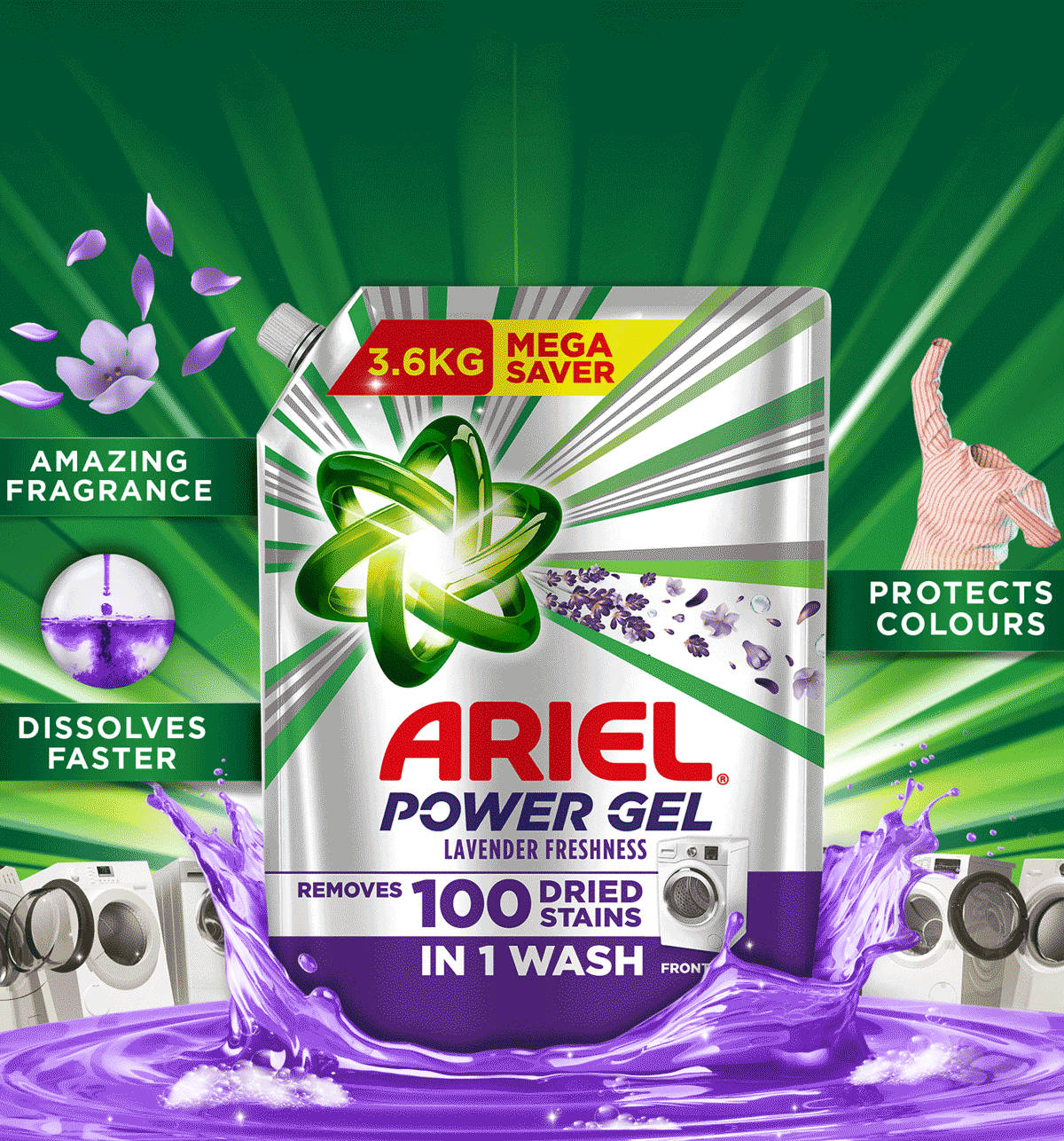 Ariel Lavender Power Gel Front Load Liquid Detergent 3.6Kg