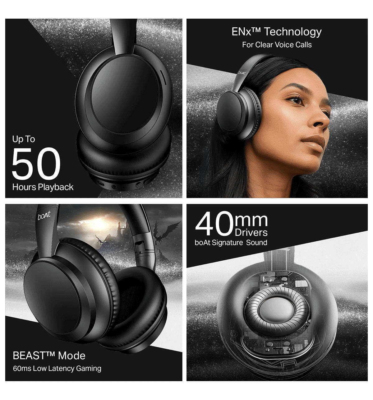 boAt Rockerz 371 Wireless Headphones (40mm Drivers, 50H Playtime, Bluetooth, Black Sabre) - Image 2