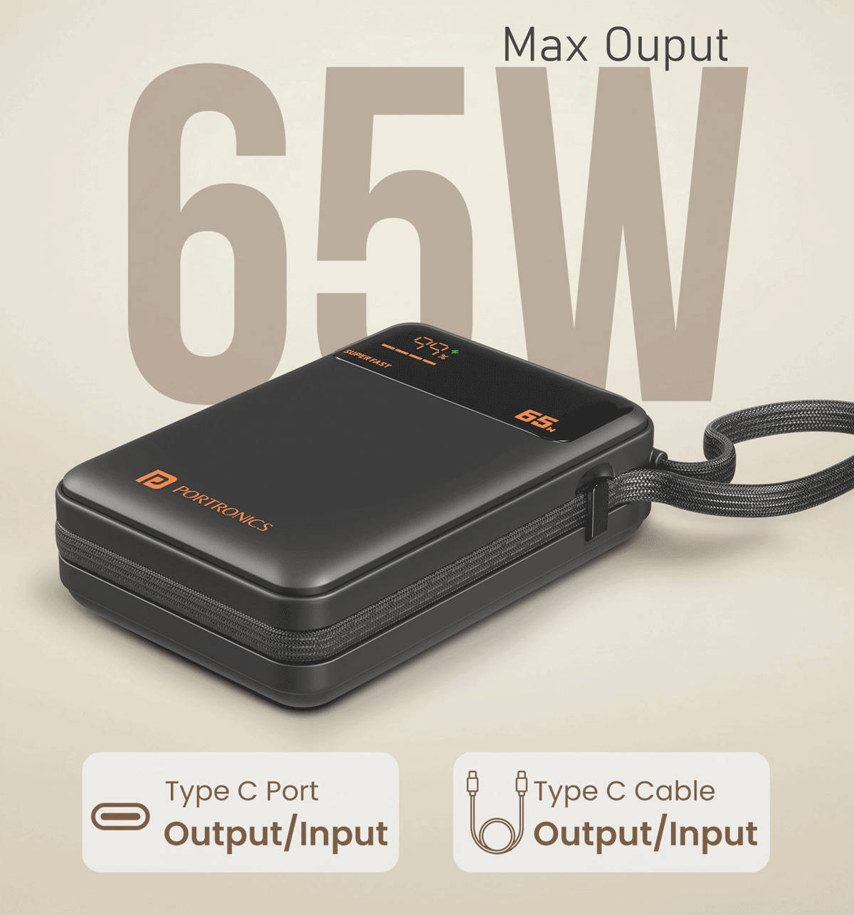 Portronics Ignis 65 20000mAh Power Bank, 65W, Black - Image 3