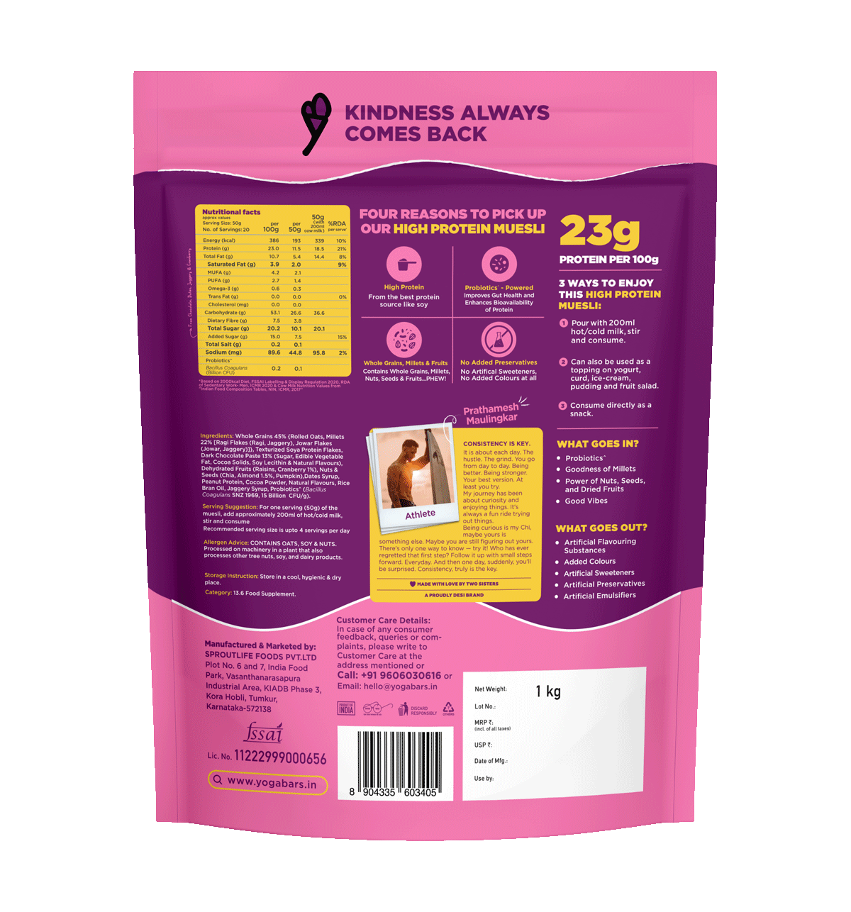 Yoga Bar 23g High Protein Muesli Choco Almond & Cranberry, Added Probiotics, Fibre Rich - Image 2