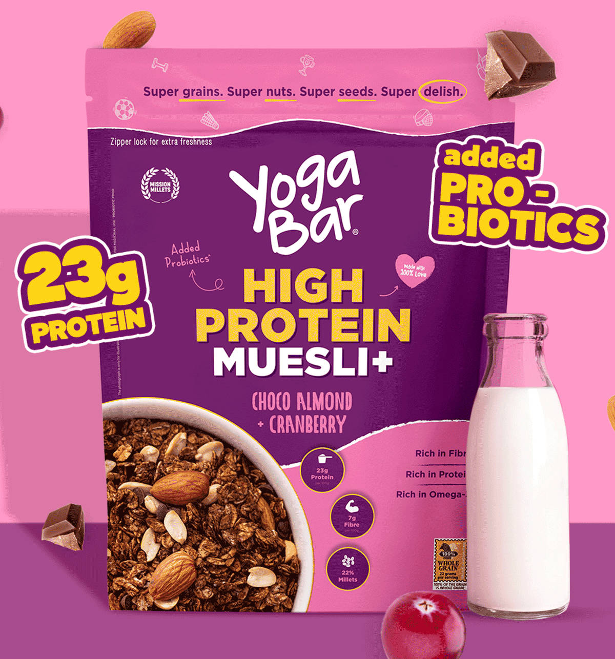 Yoga Bar 23g High Protein Muesli Choco Almond & Cranberry, Added Probiotics, Fibre Rich - Image 3