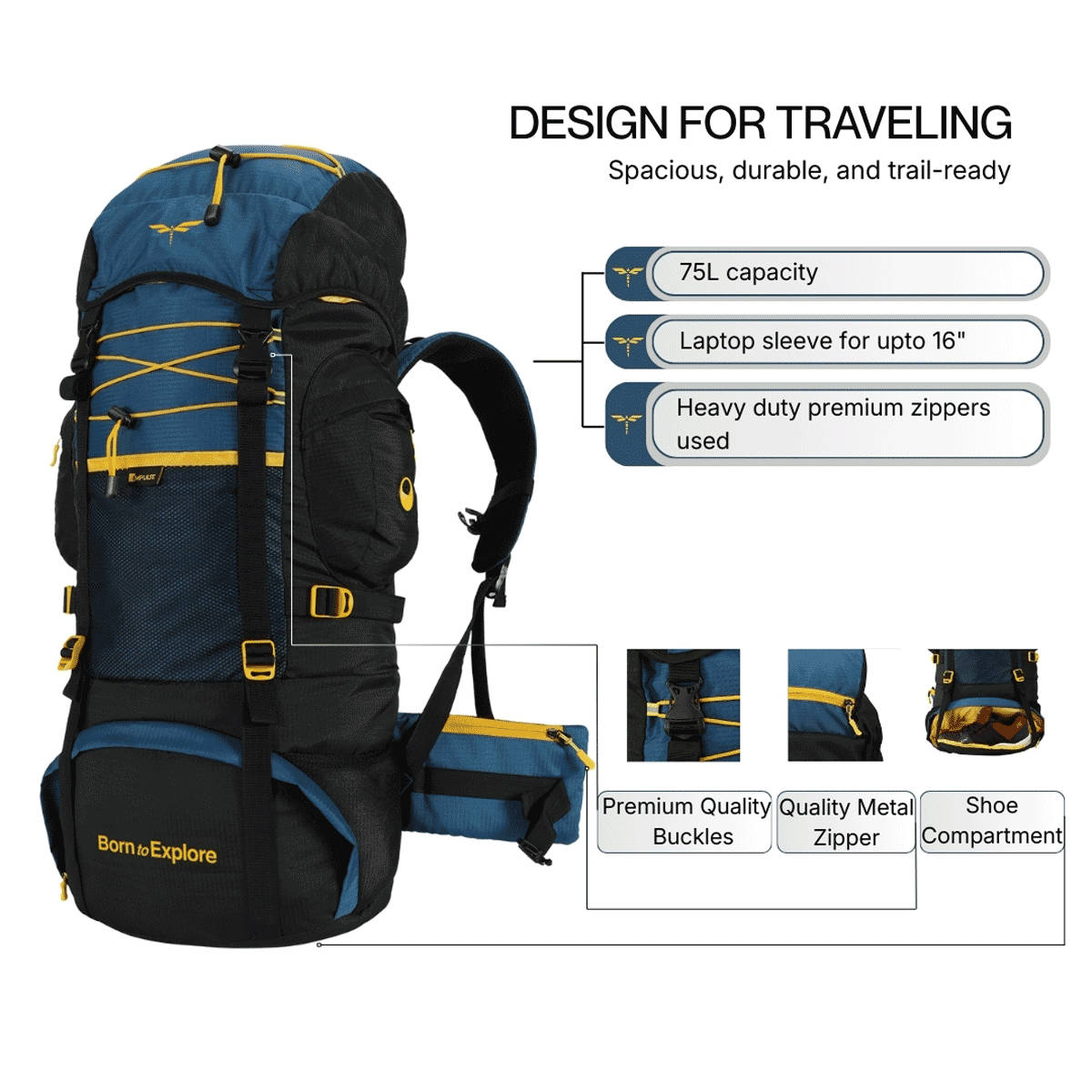 Impulse Banyan Polyester Trekking Hiking Camping Rucksack 75L Blue - Image 5
