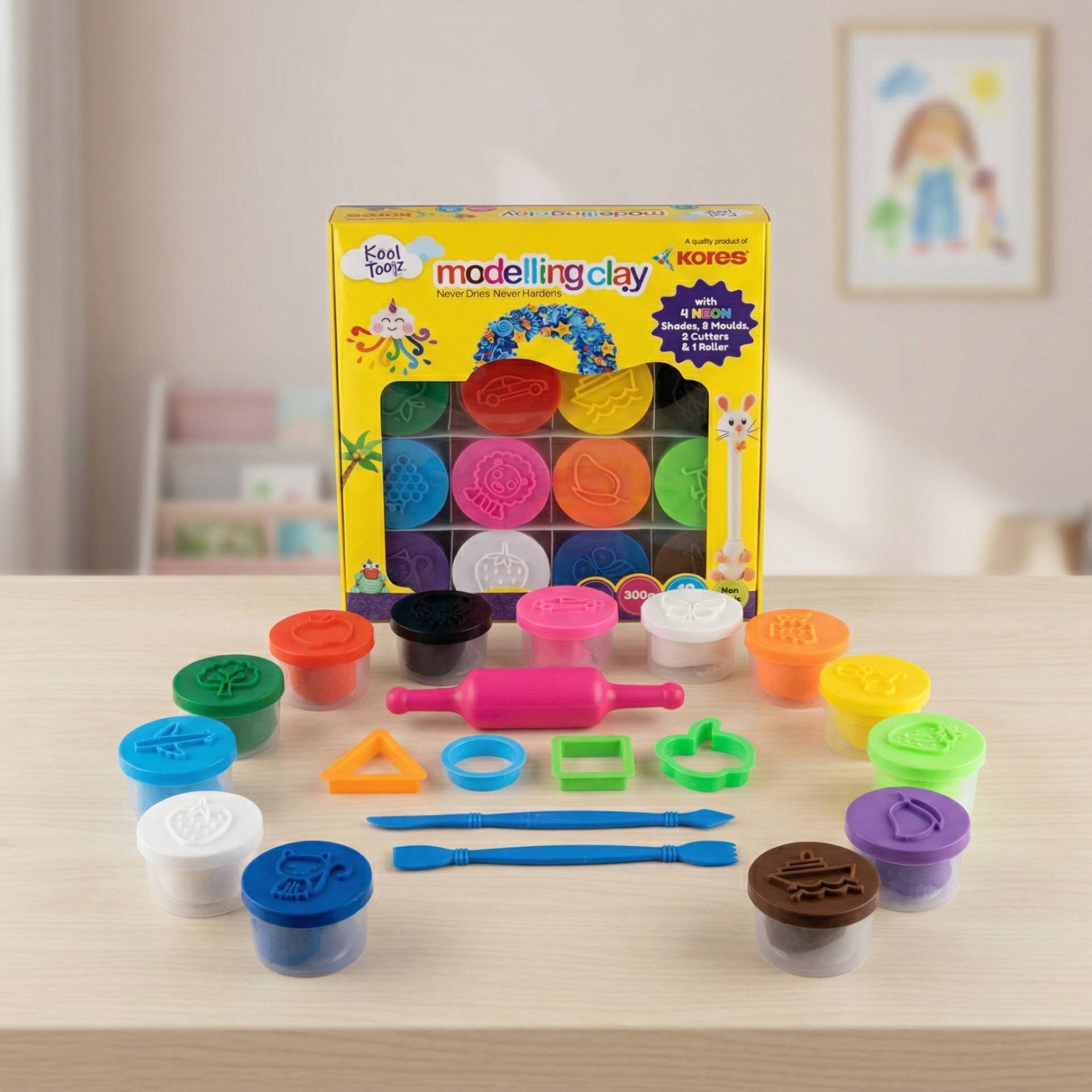 Buy Kores 12 Shades Modelling Clay with 8 Moulds, 1 Roller & 2