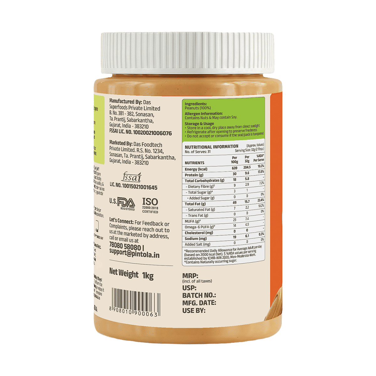 Pintola All Natural Peanut Butter, 1 kg - Image 2