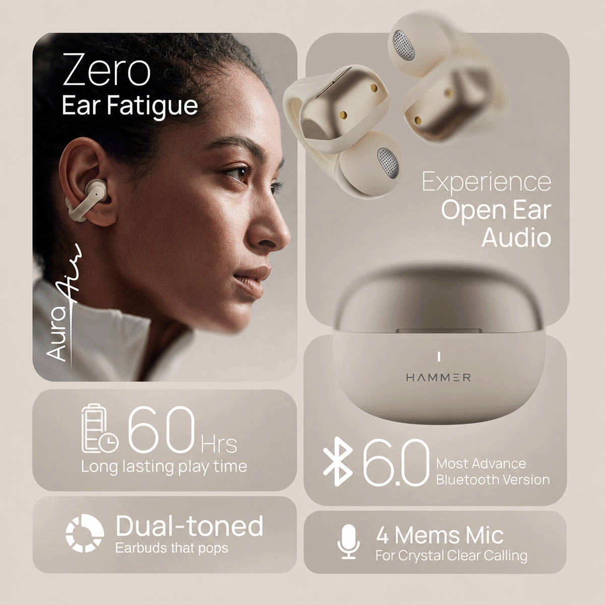 Hammer Aura Air OWS Open-Ear Wireless Earbuds, Champagne Gold - Image 8