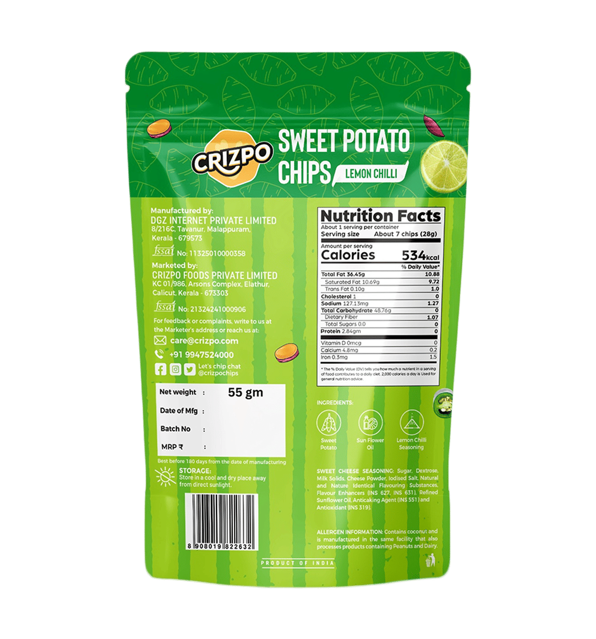 Buy Crizpo Sweet Potato Chips ( Lemon Chilli ) Online (55 g) At