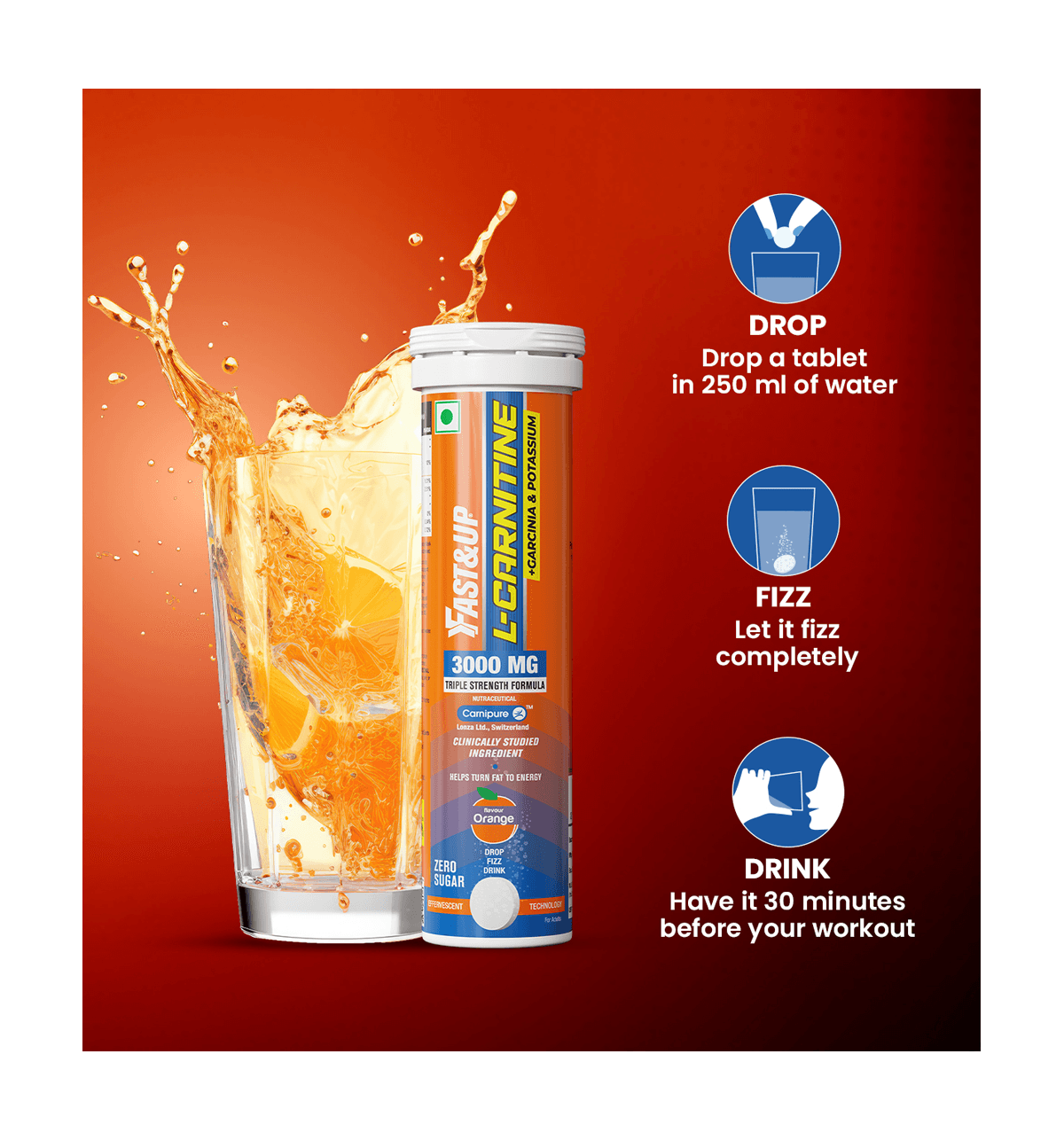 Buy Fast&Up 3X Fat Burner L-Carnitine 3000mg + Garcinia + Potassium,  Sourced from Carnipure - Orange Flavor Online (10 units) At Best Price