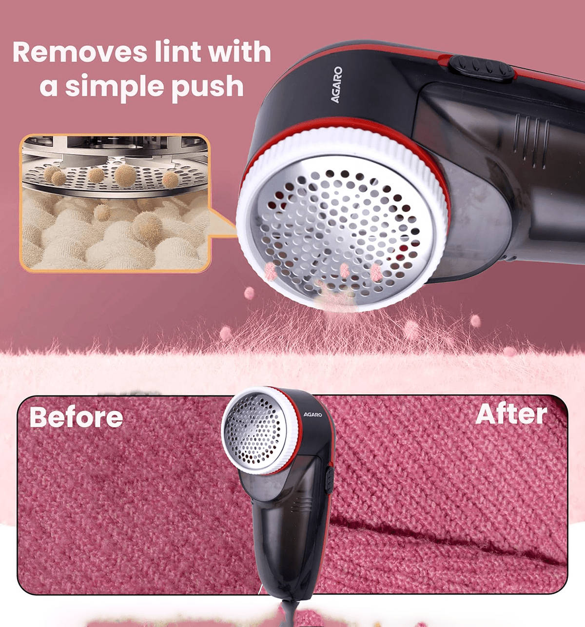 Agaro Elite Lint Remover (5W, 6-Leaf Stainless Steel Blades, Corded, Black & Red) - Image 9