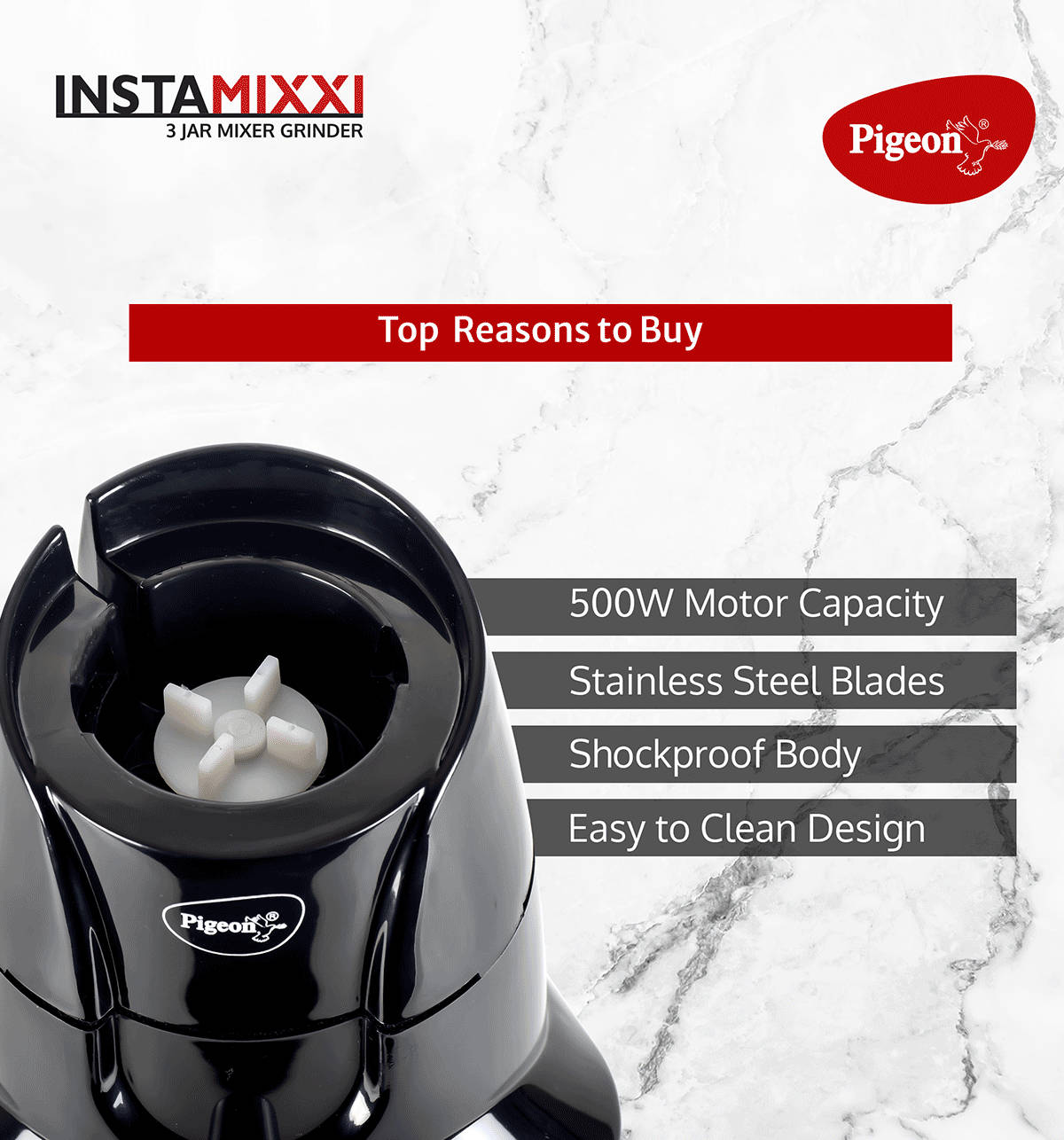 Pigeon InstaMix Mixer Grinder 500W 3 Jars Black - Image 6