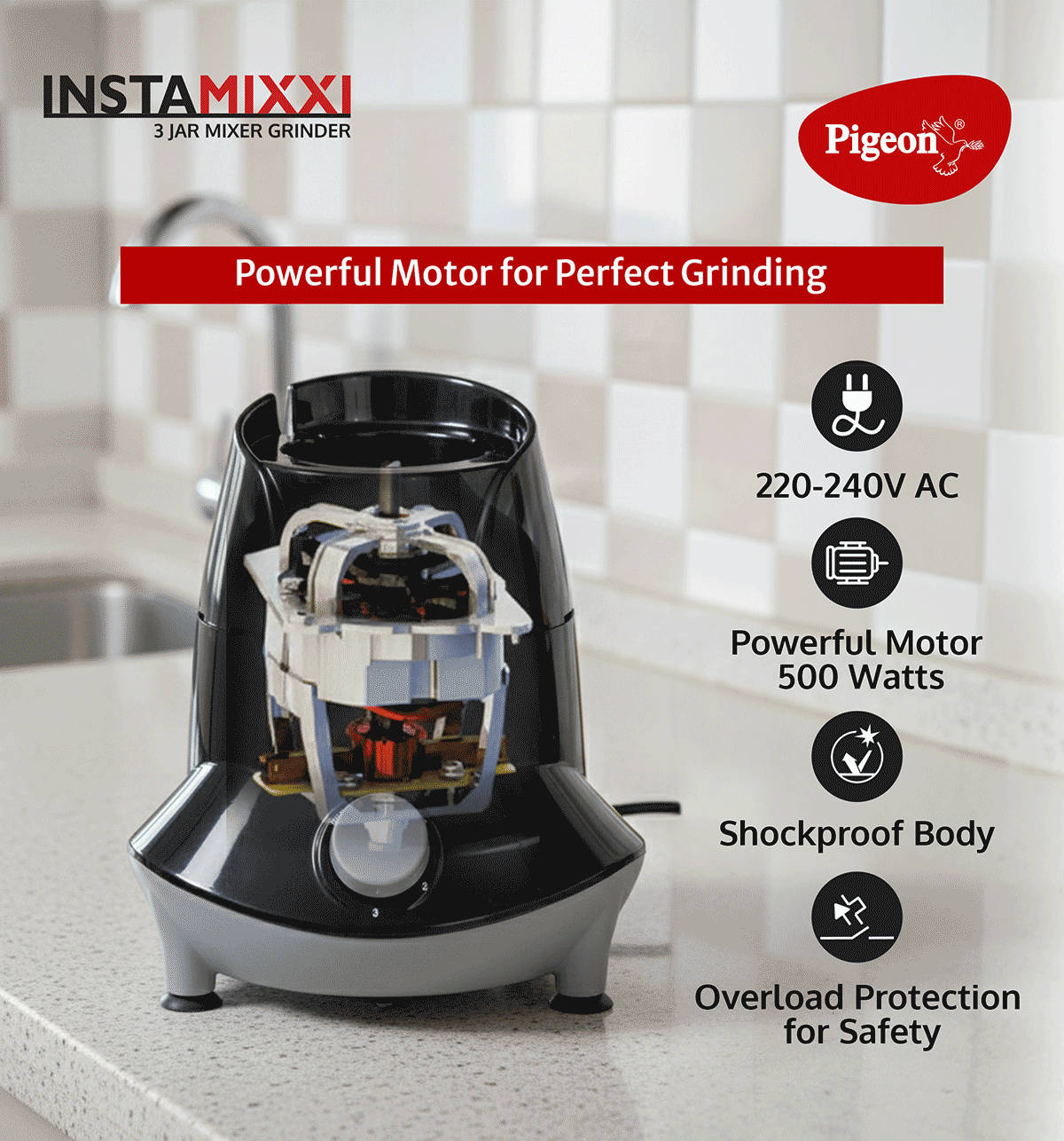 Pigeon InstaMix Mixer Grinder 500W 3 Jars Black - Image 3