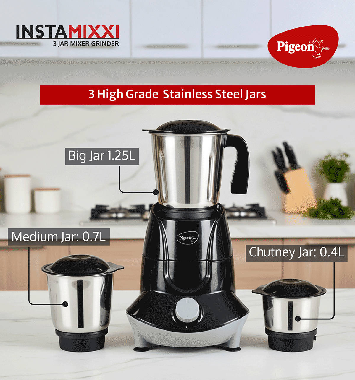 Pigeon InstaMix Mixer Grinder 500W 3 Jars Black - Image 4