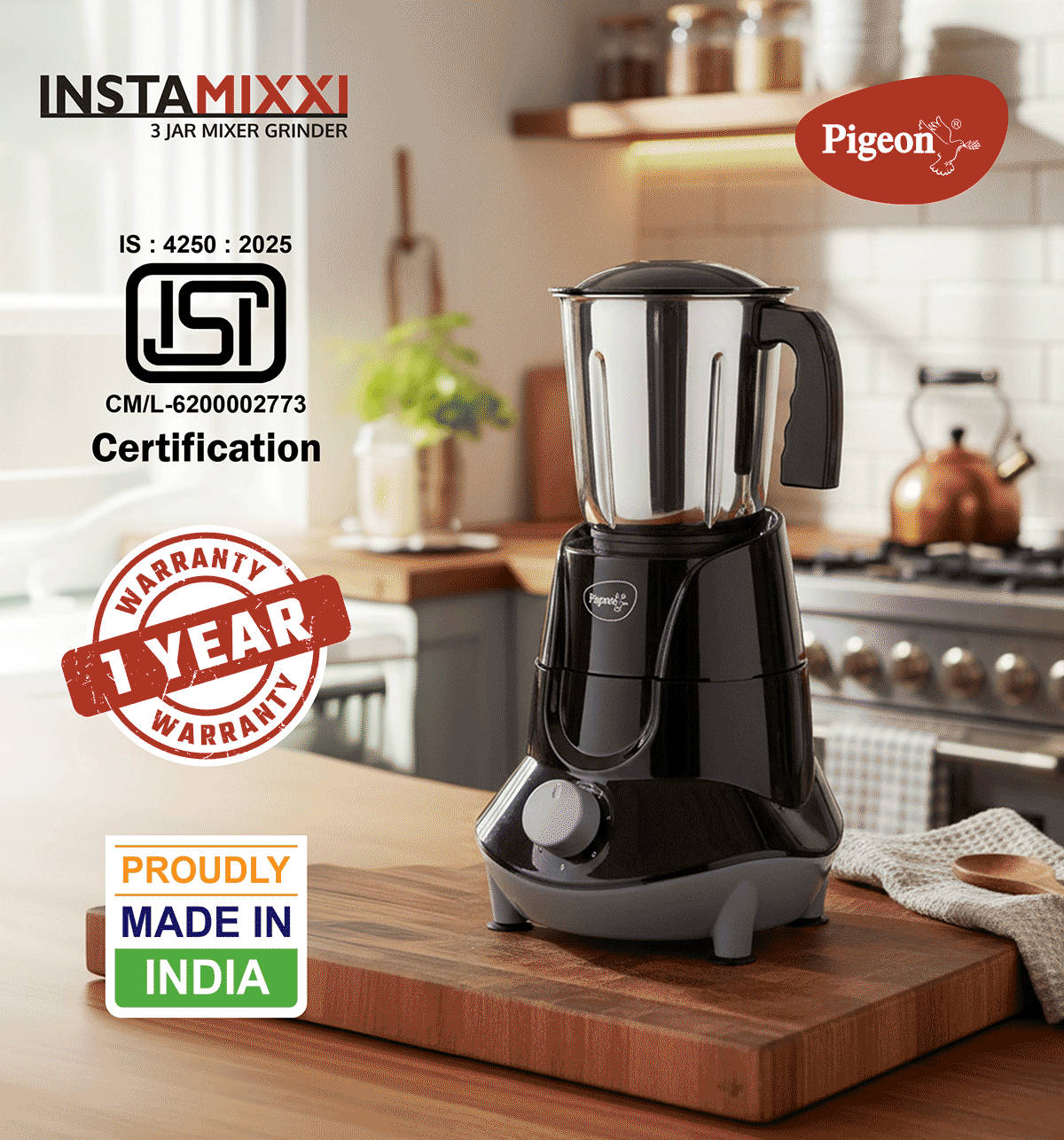 Pigeon InstaMix Mixer Grinder 500W 3 Jars Black - Image 2