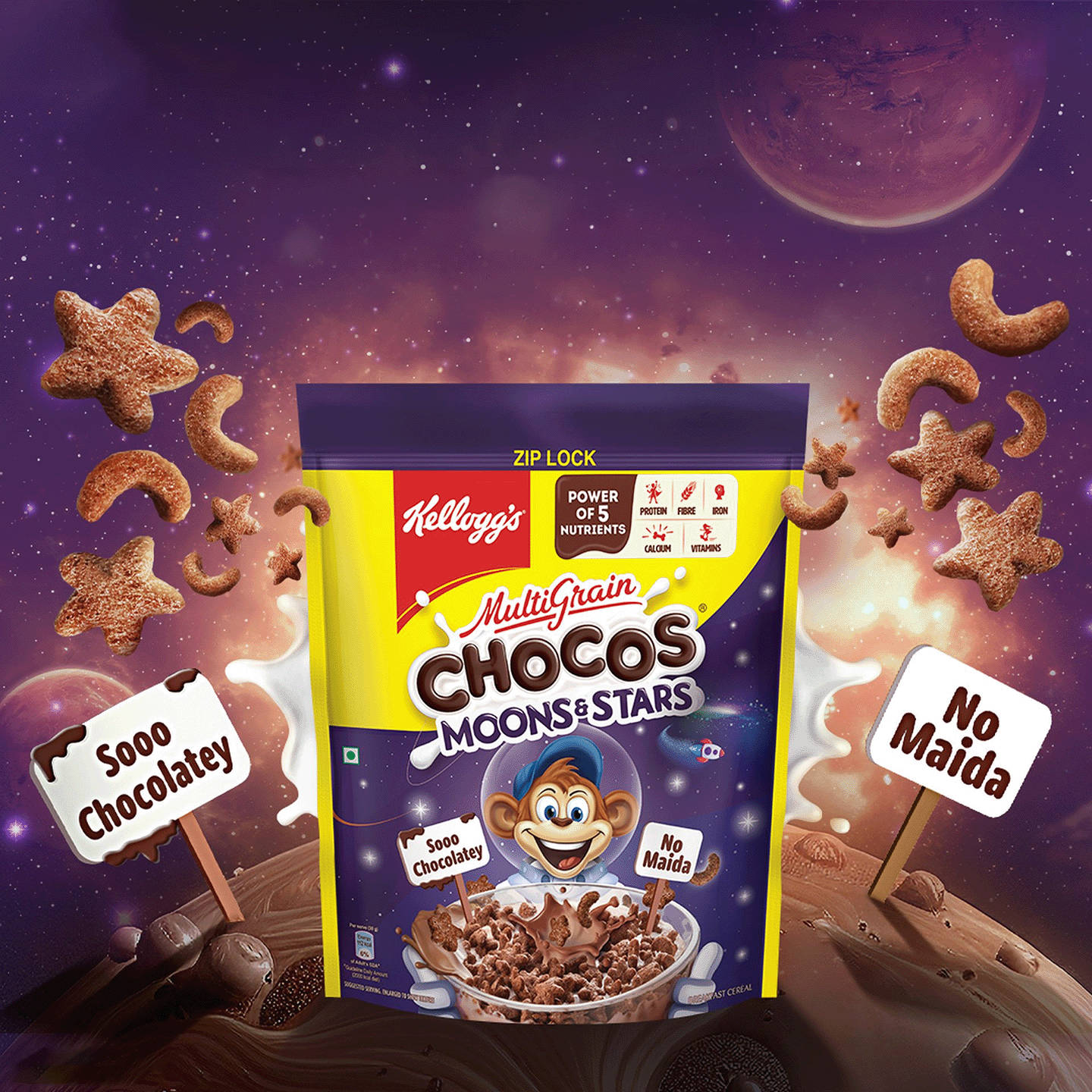 Kellogg's Multigrain Chocos Moons & Stars | High Calcium, Protein, Fibre | Kids Breakfast Pouch - Image 1